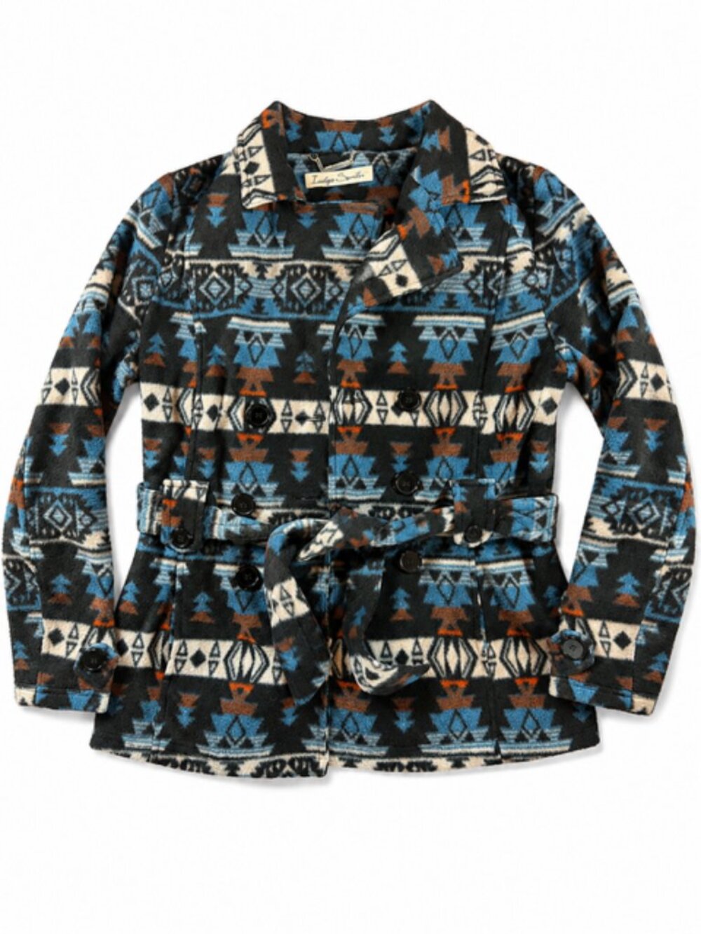Indigo Saints Women’s L Southwestern Aztec Belted Jacket Blue Rust Black